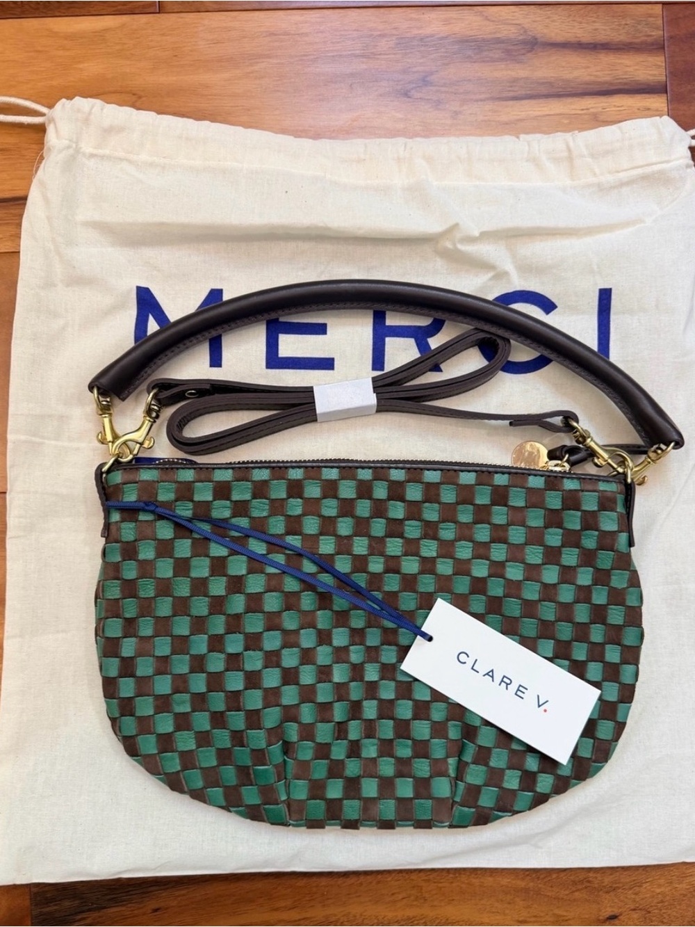Clare V Deep Pine and Chocolate Woven Checker Petit Moyen - BRAND NEW